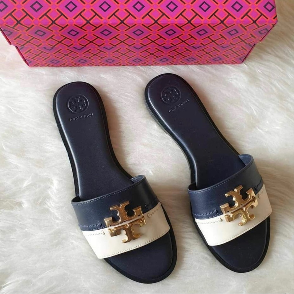 Tory Burch Everly Slide Navy and Cream sz 6